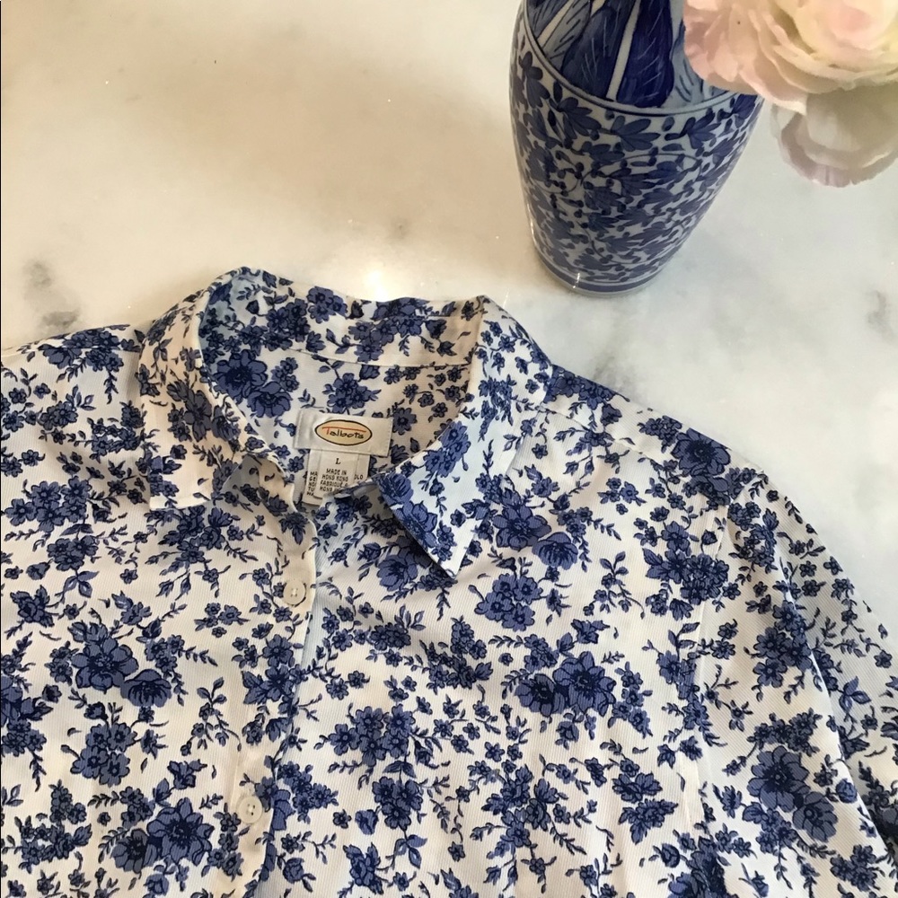 Talbots Blue Floral on White Blouse Size Large